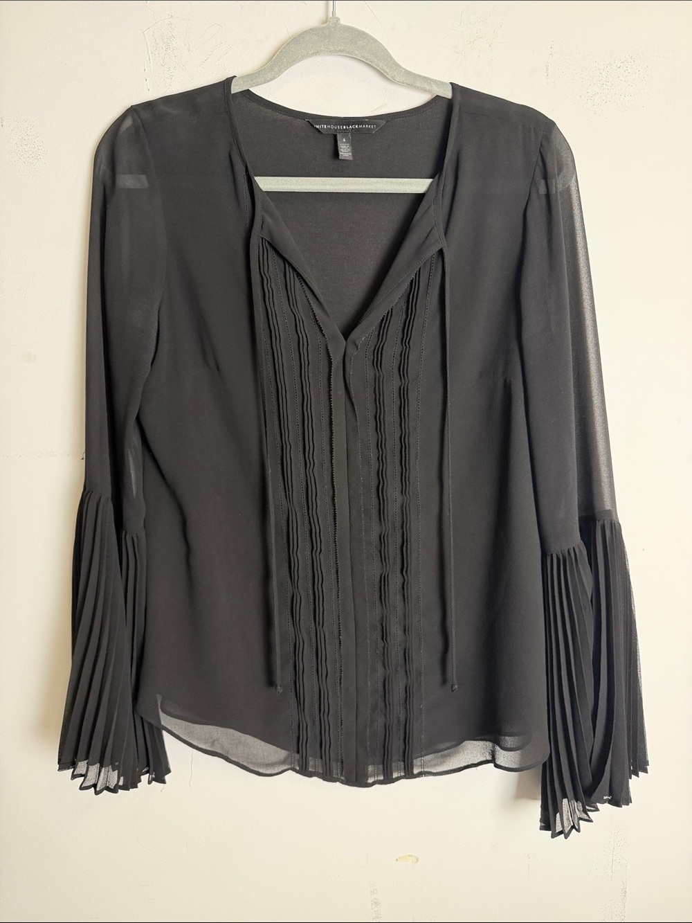 White House Black Market Black Pleated-Sleeve V-Neck Blouse